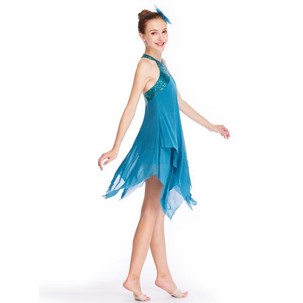 Sequins Halter Neck Lyrical Dance Wear Dress Two Layers Dance Costumes Back Straps Crossing Competition Wear