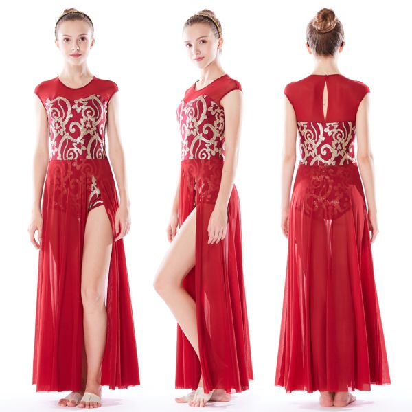 Rich Gold Dance Competition Wear Stretch Mesh Overlay Fairy Tale Sleeveless Maxi Long Dresses