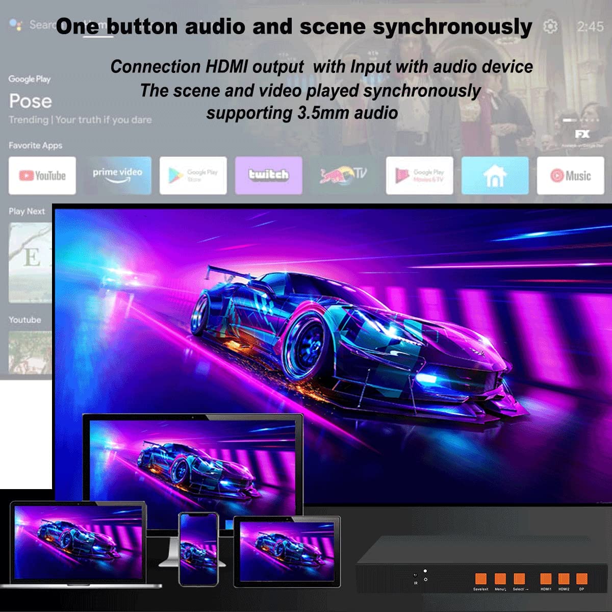 4K 60Hz HDMI 2.0 Input to 4x1080p Output Video Wall Splitter RS232