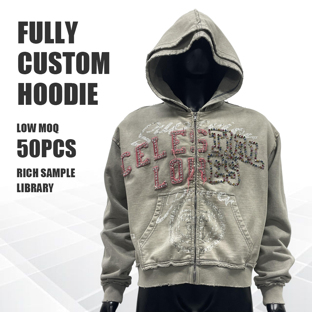 Custom Double Hood Zipper Vintage Acid Wash Applique Rhinestone Screen Print