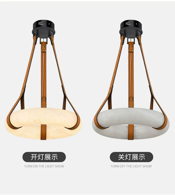 Роскошная кожаная люстра Мраморный круг Кухня Гостиная Креативное искусство Алабастр Светлая висячая лампа
