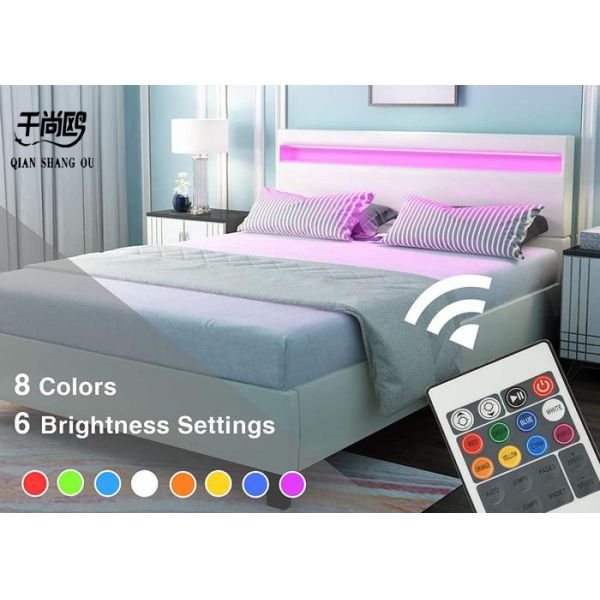 Modern LED Headboard Bed , Solid Wood Leather Bed European Style