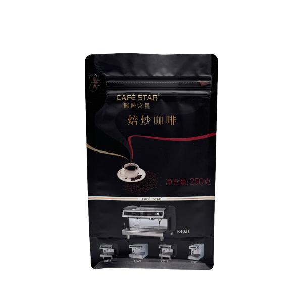 Luxury Black Aluminium Foil Lined 250g 8 Side Sealed Flat Box Bottom Coffee Bags With Valve And Rip Zipper