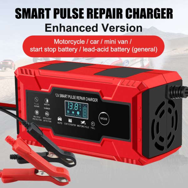 LCD Display Intelligent Battery Charger 12V 6A 8A for Microcomputers Motorcycles Trucks and Cars 90% Charging Efficiency