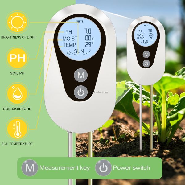 Digital 4-in-1 Soil PH Moisture Temperature Sunlight Tester With Backlit LCD For Garden Agriculture