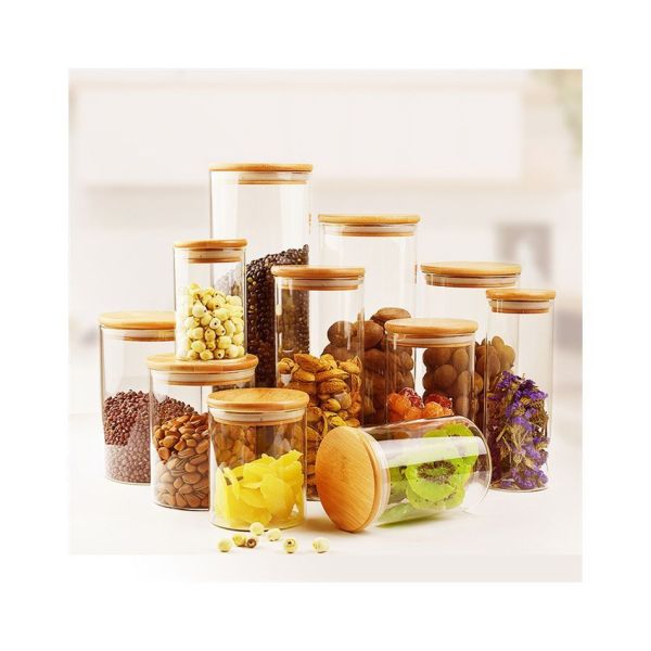 Clear Air Tight Food Storage Borosilicate Jar Glass Kitchen Storage Jars With Bamboo Lid