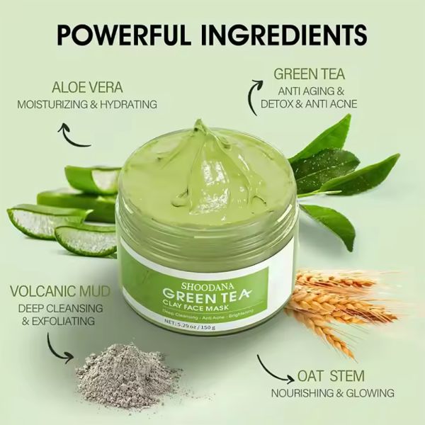 Vegan Organic Green Tea Clay Mask Deep Cleansing Clay Mud Mask with Vitamin C Face Nose Neck Acne Control Mineral Ingredient