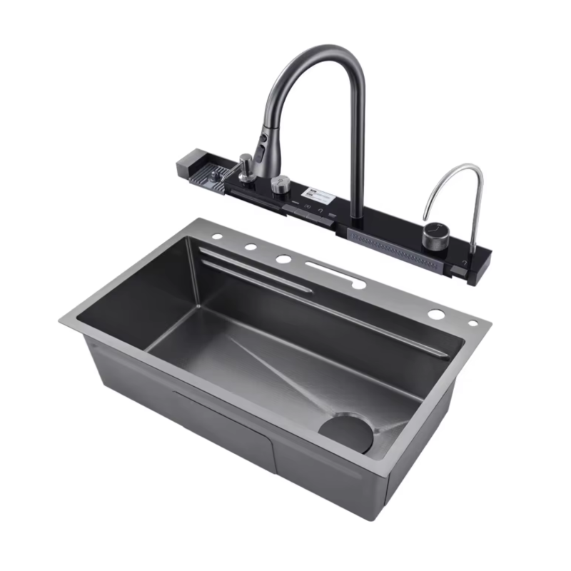 Smart Digital Display Grey Stainless Steel Pull Out Waterfall Faucet for Multifunctional Sink