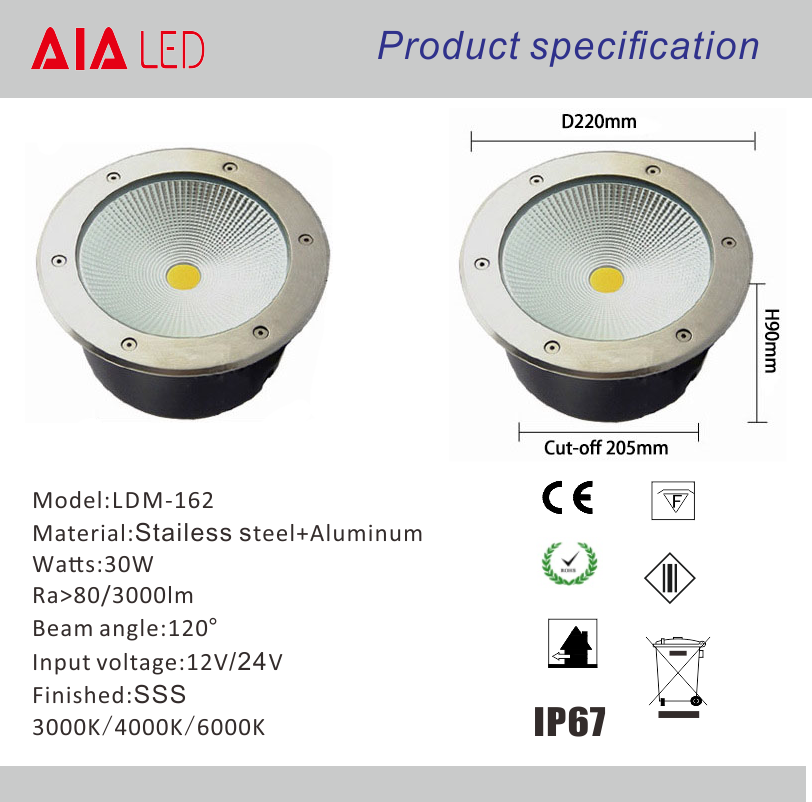 30W waterproof IP67 cob led underground spot light & outdoor led underground lamp for commercial area