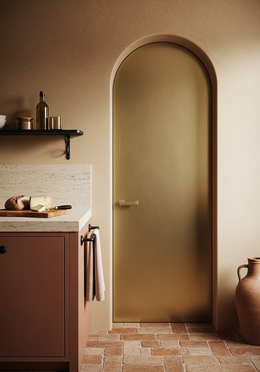 Arched Mediterranean Entry Door with Travertine Inlay - 304 Stainless Steel