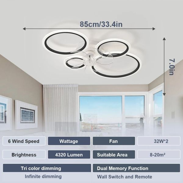 Bedroom Kitchen Lights Black White Multi ring lamp samrt Led Low Noise Ceiling Fan Chandelier (WH-CLL-53)