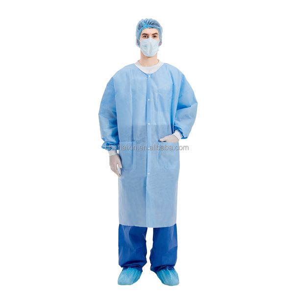 Soft Blue Medical Lab Coats Knitted Cuff Disposable Gown Protective Button Style Surgery Gown