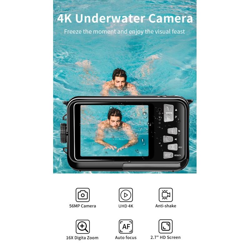 4K 56MP HD Waterproof Camera 2.7'' Screen 10FT 3M Underwater Swimming Camera 16X Digital Zoom Camera for Snorkeling and  Diving