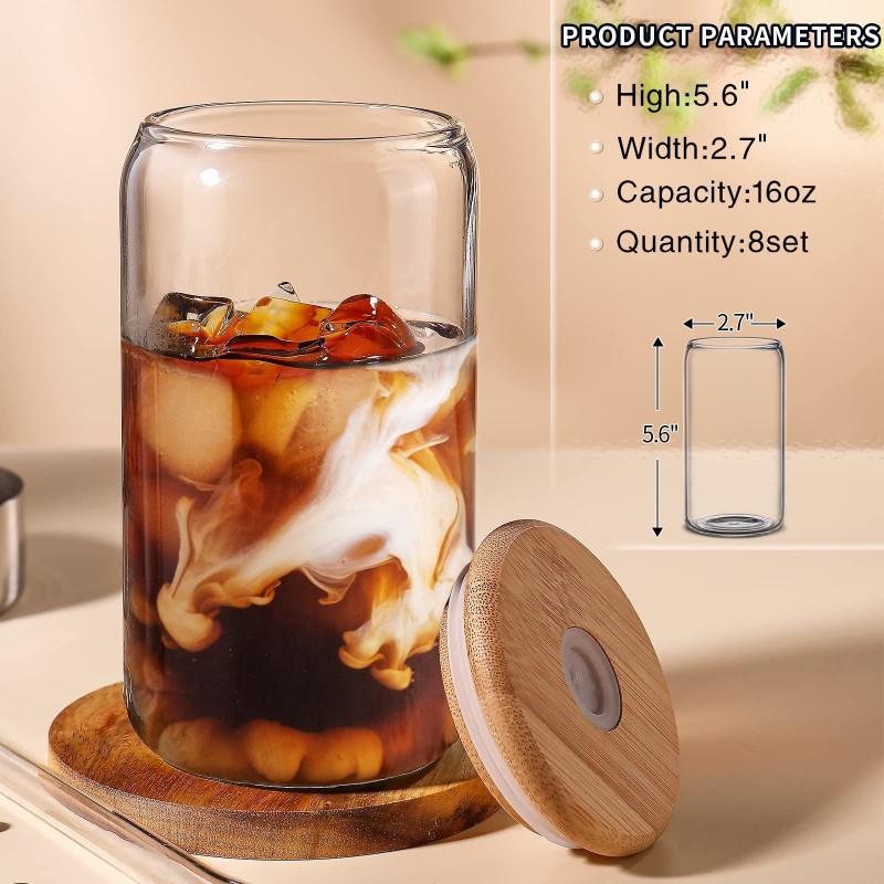 High Borosilicate Glass Mason Jar with Bamboo Lid and Straw 16oz Clear Glass Cups