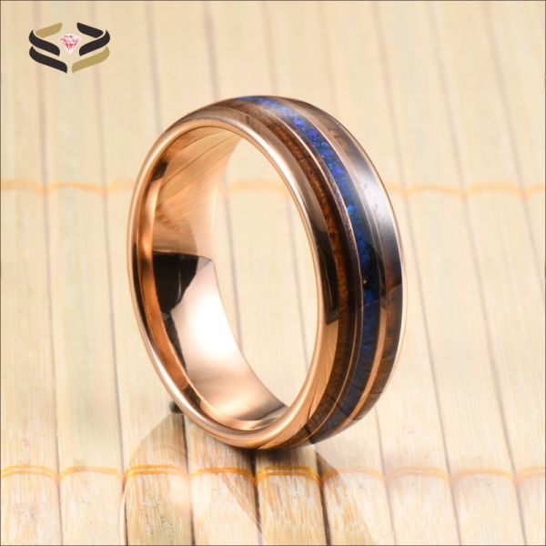 8mm Tungsten Carbide Men Wedding Ring With Hawaiian Koa Wood And Blue Opal Inlay