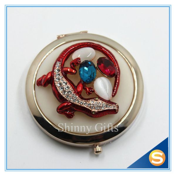 Shinny Gifts Crystal Animal Design Folding Double Side Make up Mirror Metal Compact Mirror