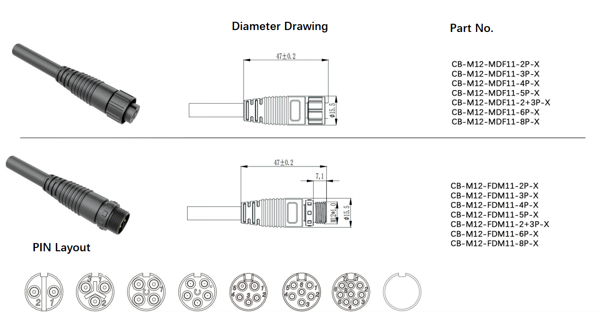 Outdoor M12 Waterproof Male Female Connector Docking Reverse Head Power Cable
