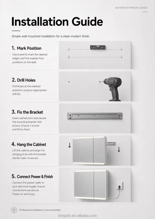 Kingstin Luxury ABS LED Mirror Cabinet with Defogger, Smart Storage and 3 Color Lighting for Projects
