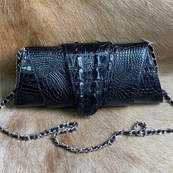 Authentic Crocodile Skin Women's Foldable Clutch Female Evening Purse Genuine Alligator Leather Lady Cross Shoulder Bag