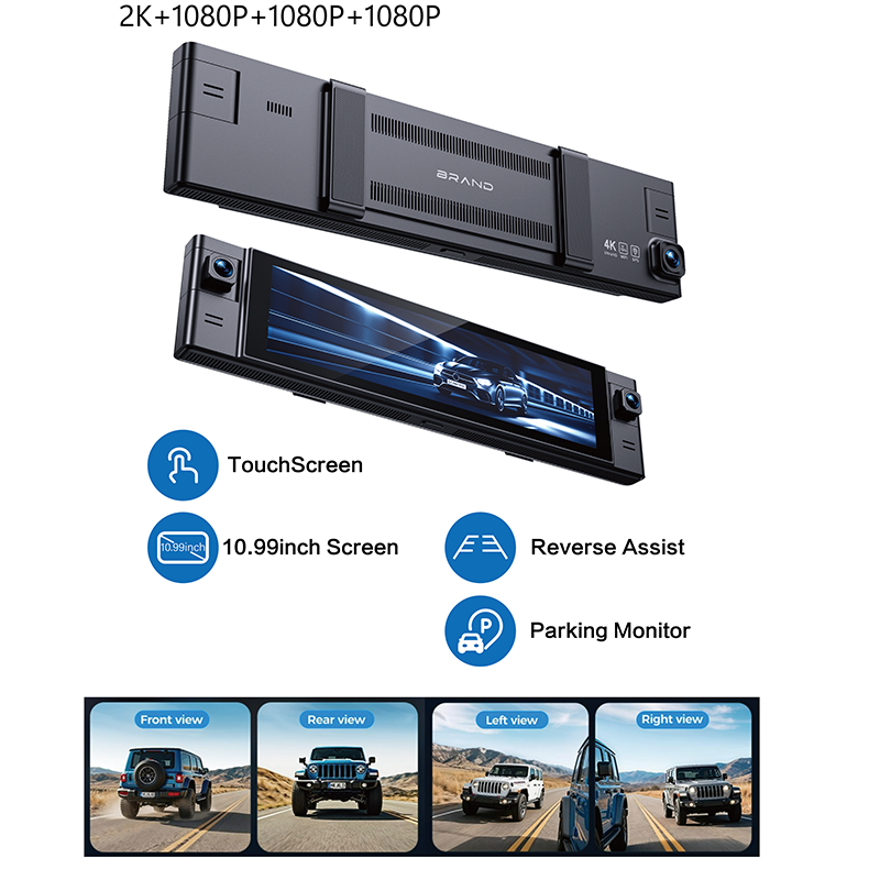 10.99 Inch Touch Screen Quad Four Lens Mirror Dash Cam With Local WiFi GPS 