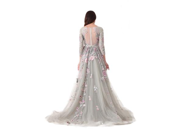 Three Quarter Arabic Evening Dresses , Embroidery Tulle Fabric Ladies Prom Dress
