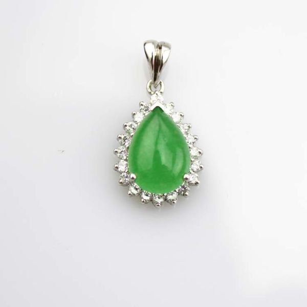 Women Jewelry 925 Silver Pear Shaped Green Jade Cubic Zirconia Pendant Necklace  (FP036)