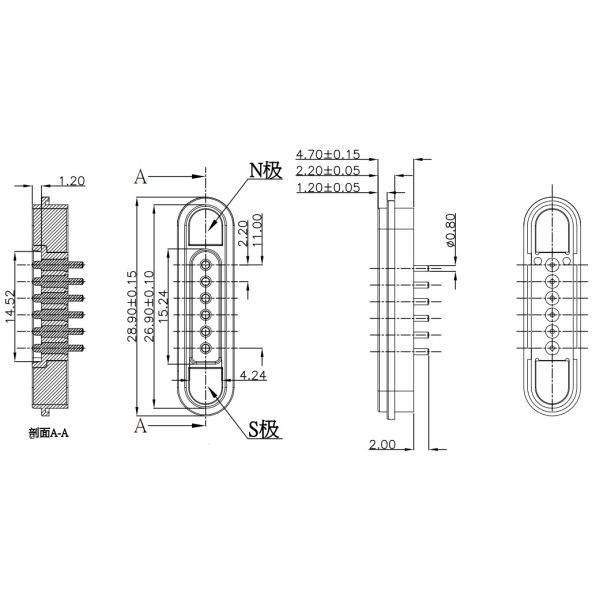 Gold Plating Pogo Pin Connector 3A 6 Pin Magnetic Connector Male Female