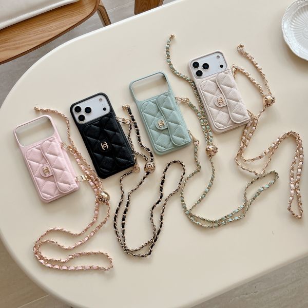 Caviar Diamond-patterned Card Slot Crossbody Chain case for 114 Pro Max, iPhone 16 Pro Protective Case, 17 Pro
