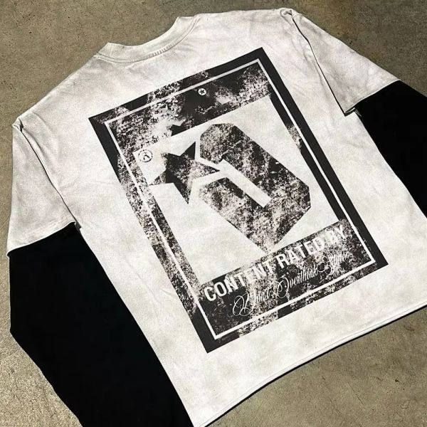 Cotton Ripped Screen Printing Long Sleeve Distressed Shirt Sun Faded Breathable