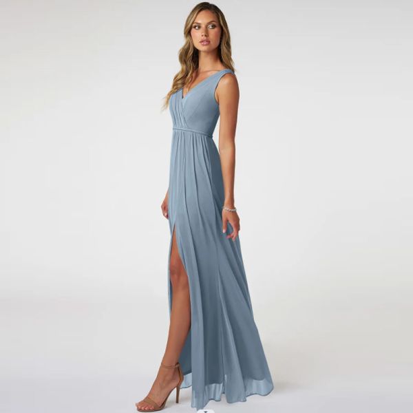 Elegant A-Line Front Split Slit Sky Blue Chiffon V-Neck Sleeveless Pleated  Backless Plus Size YKK Zipper