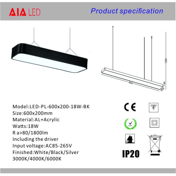 SMD LED modern black commercial office 18W led pendant light for T5 LED tube