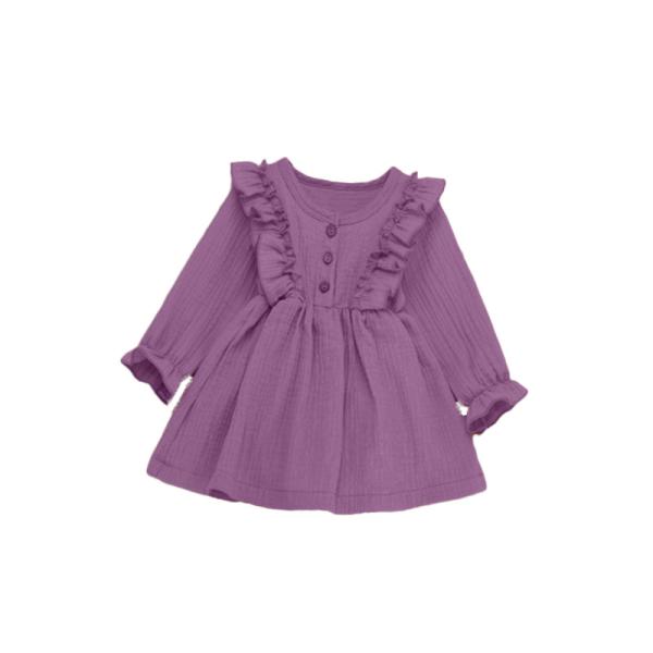 Vestidos longos da guarnição do plissado da luva do tecido de algodão de musselina dos bebês da criança acima dos vestidos do joelho