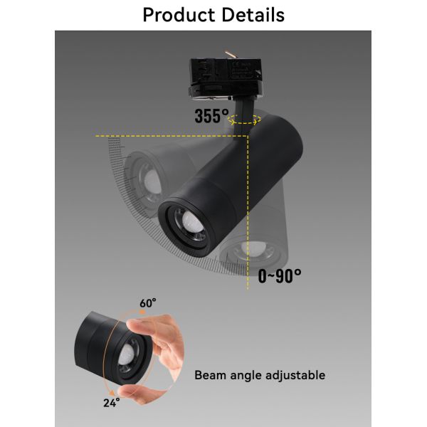 CRI90 Zoomable LED Track Light Aluminum Black Ceiling Spotlight For Museum Gallery