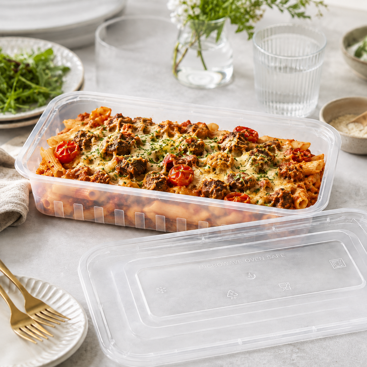 Deep Long PP Rectangular Containers Lidded 1500ml for Family Takeaway Meals