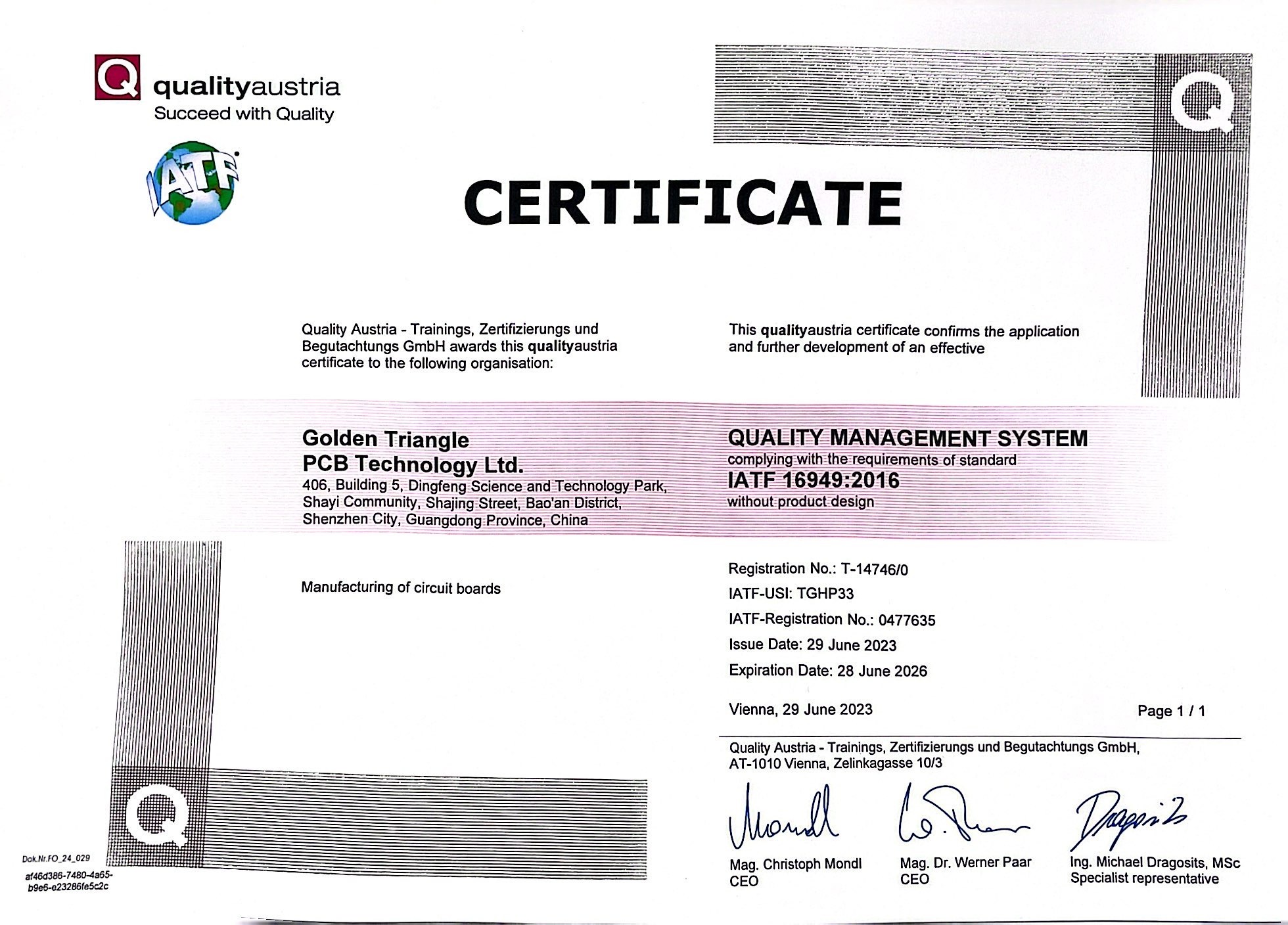 Golden Triangle Group Ltd Сертификации
