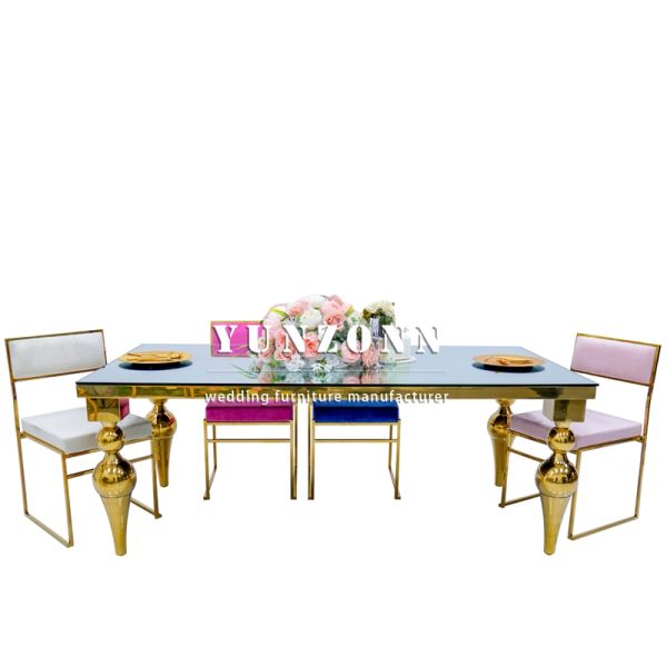 Gold Stainless Steel Frame Mirror Glass Top Wedding Table 10 People Wedding Table