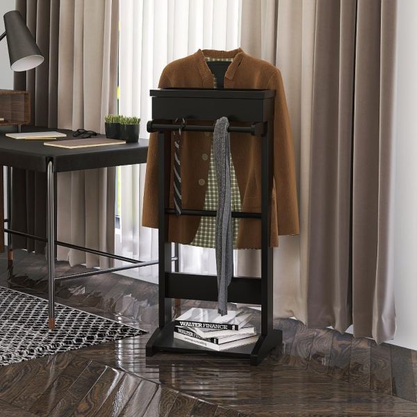 Customized Logo Wood Clothes Rack with Shelves and Valet Stand