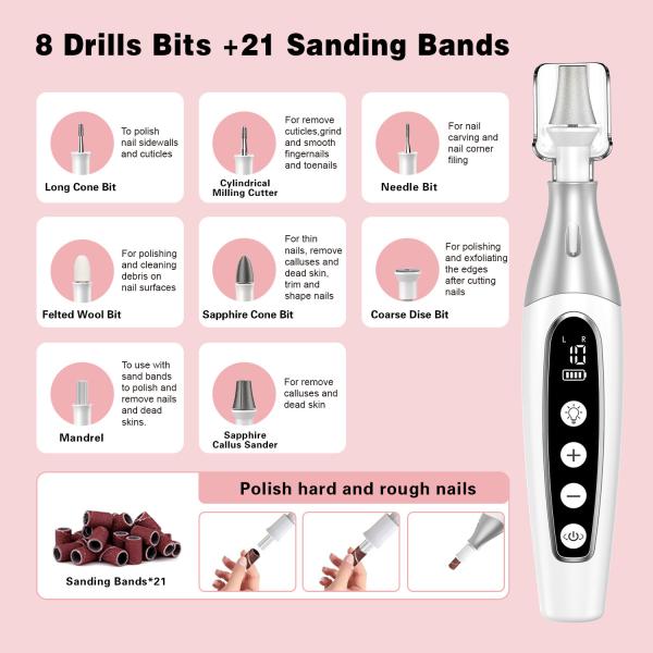 Máquina de moer unhas portátil 10 velocidades de nível Baixo ruído USB Carregamento Pedicure Pedicure Set de arquivo de unhas Forno de unhas elétrico