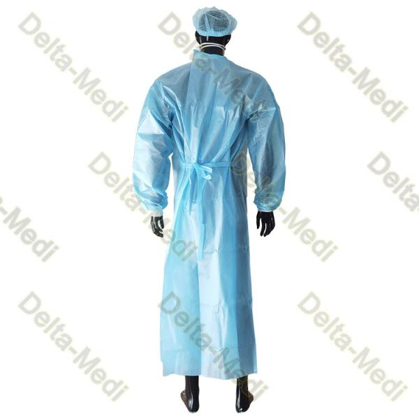 PP Coated PE Film Disposable Surgical Gown Velcro Collar Knitted Cuff 2 Belts