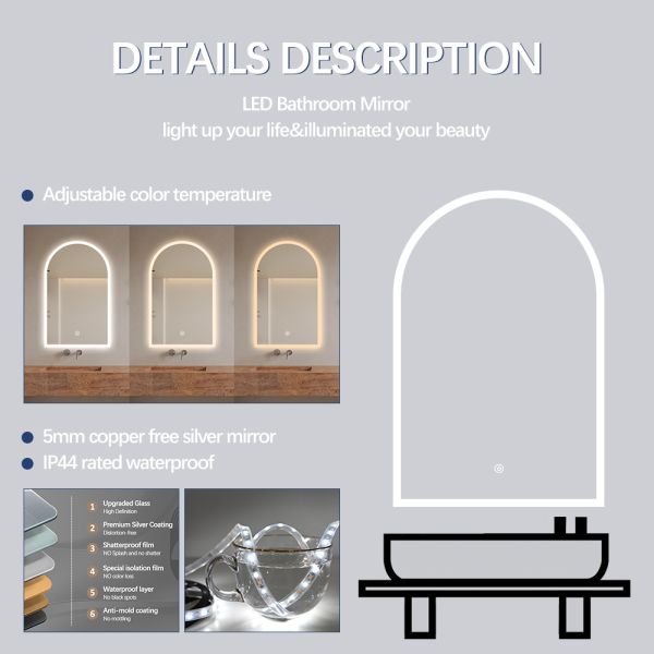 Shatterproof Arch Bathroom Mirror 20*31 Inch Beauty Salon Mirror With Lights