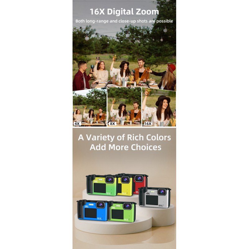 Newest 4K HD Digital Camera 2.8+2.0'' Dual IPS Screen Auto Focus 16X Digital Zoom Webcam Wifi Vlog Camera  for Photography