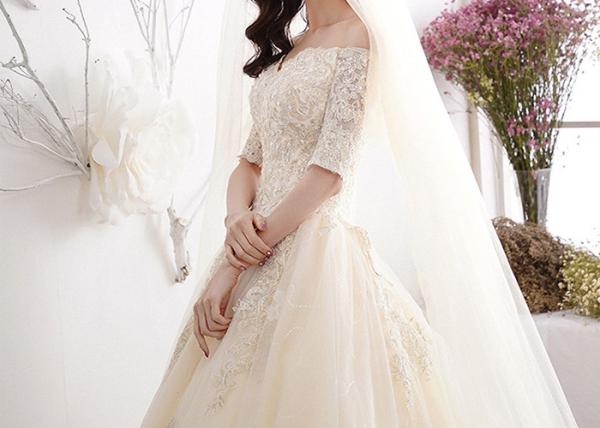 Lace Long Tail Bridal Dresses Off Shoulder Half Sleeve Back Bandage With  Logo Custom