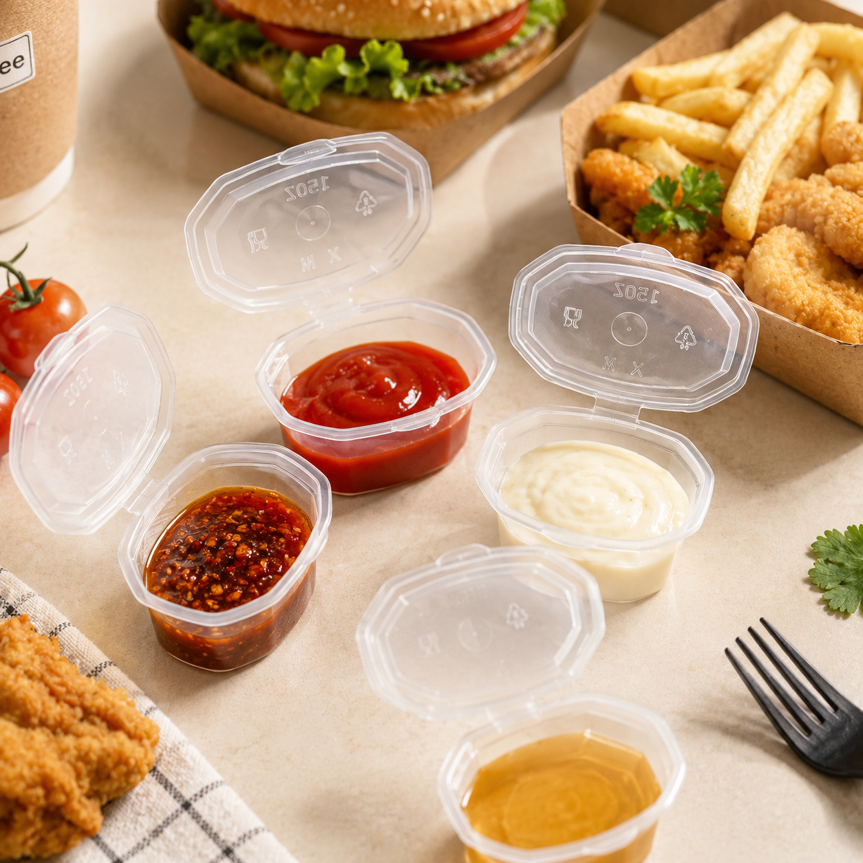 35ml Clear Round PP Disposable Hinged Sauce Cup for Dips Salsa Toppings