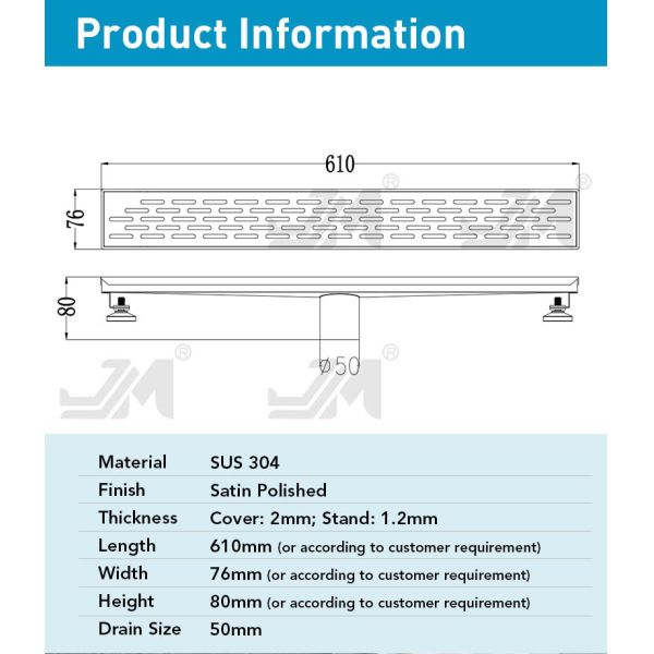 OEM Linear Shower Floor Drain With Hair Strainer Satin Polished Finish