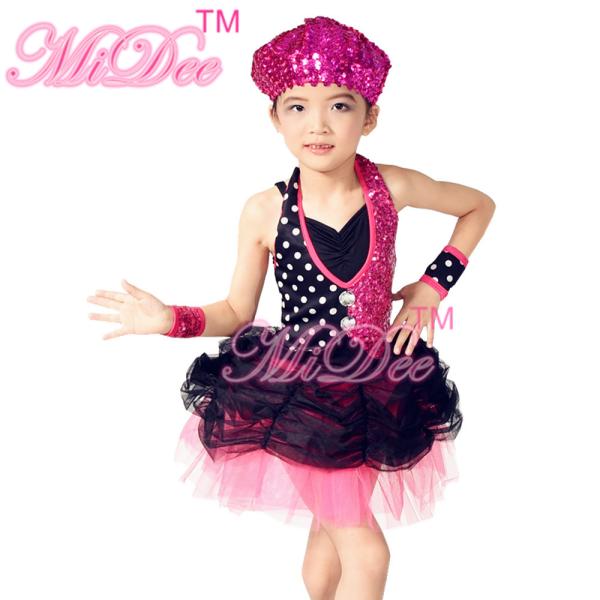 Black Polka Dots Hot Pink Sequin Glitter Dress Dance Costumes For Kids