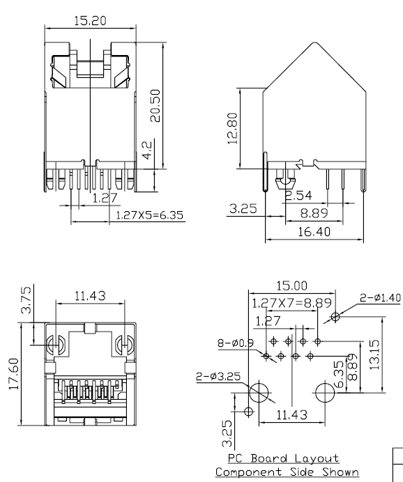 Защелка PCB Джек UL94V-0 RJ45 вверх по 45 положениям TM52C811EXX4W ориентации 8 °