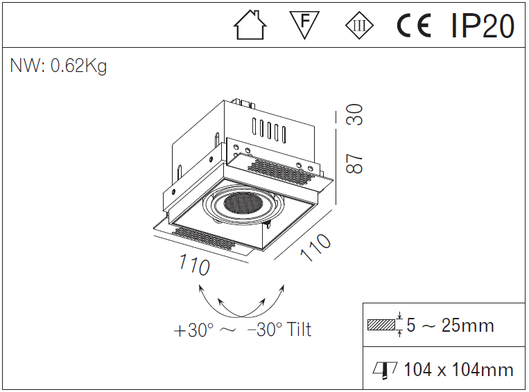 Trimless Grille LED Recessed Downlight 250mA 10 Watt , Five Years Warranty