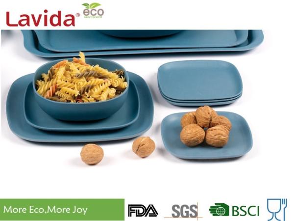 Food Safe Durable Bamboo Fiber Dinnerware , Square Navy Blue Bamboo Tableware Set