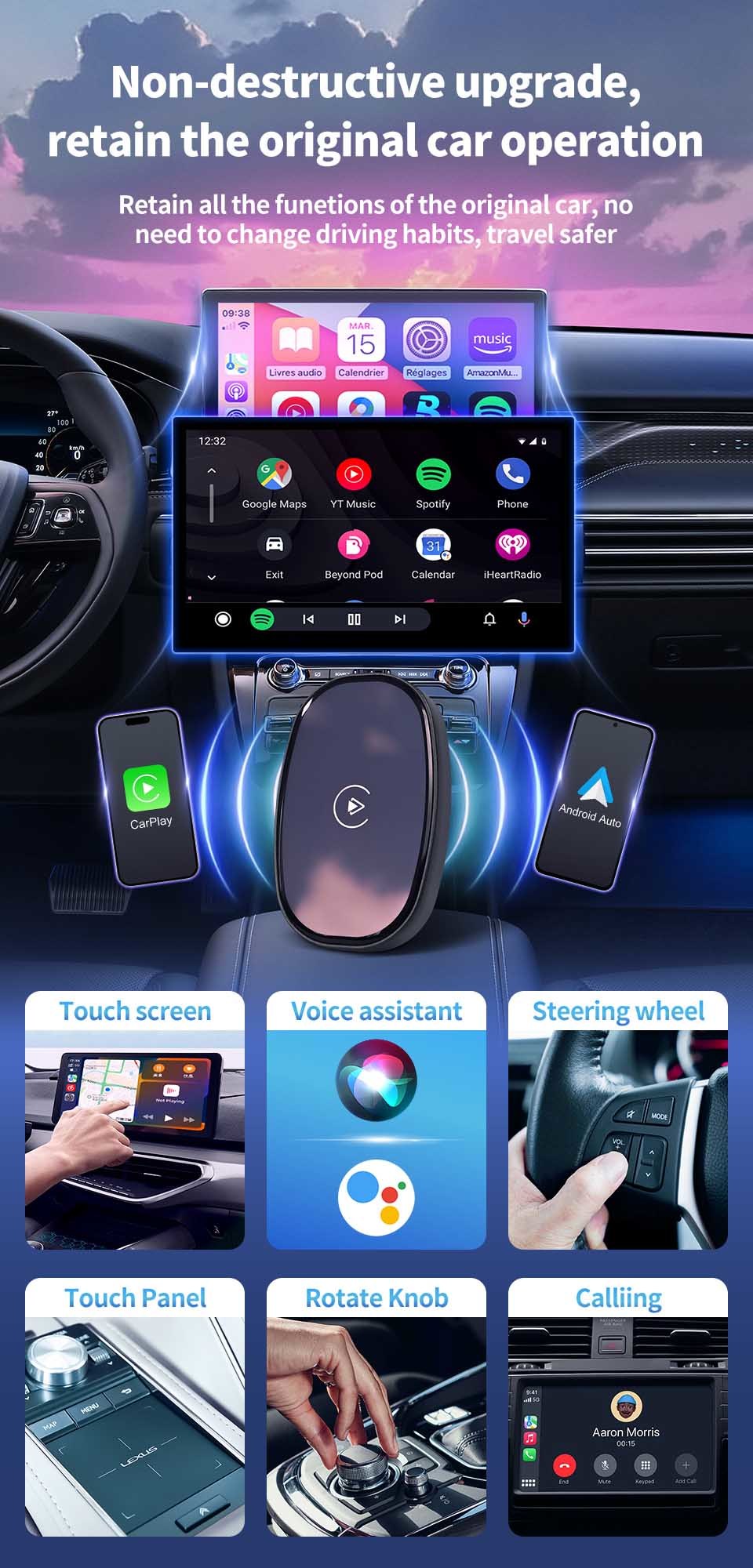 Universal Wireless Carplay Android Auto Adapter Dongle CP AA 2-In-1 FCC Certificated