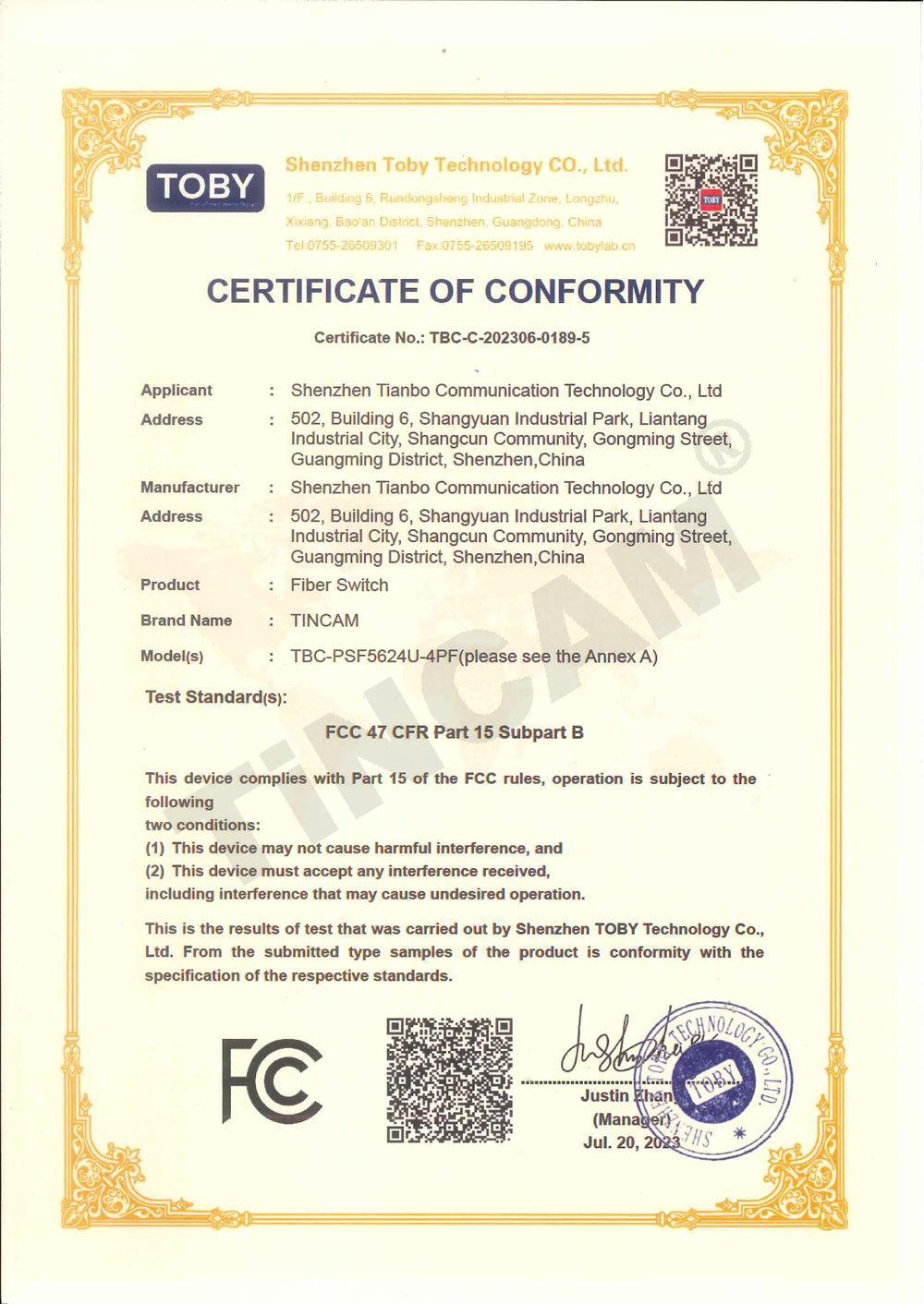 Shenzhen Tianbo Communication Equipment Co., Ltd. Certifications